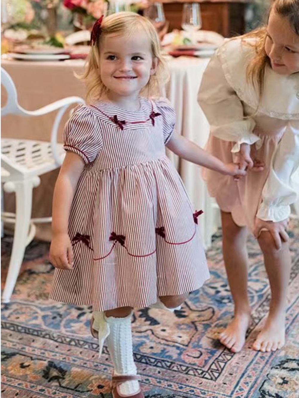 Edgehill Collection Red and White Striped Puff Sleeve Holiday Dress